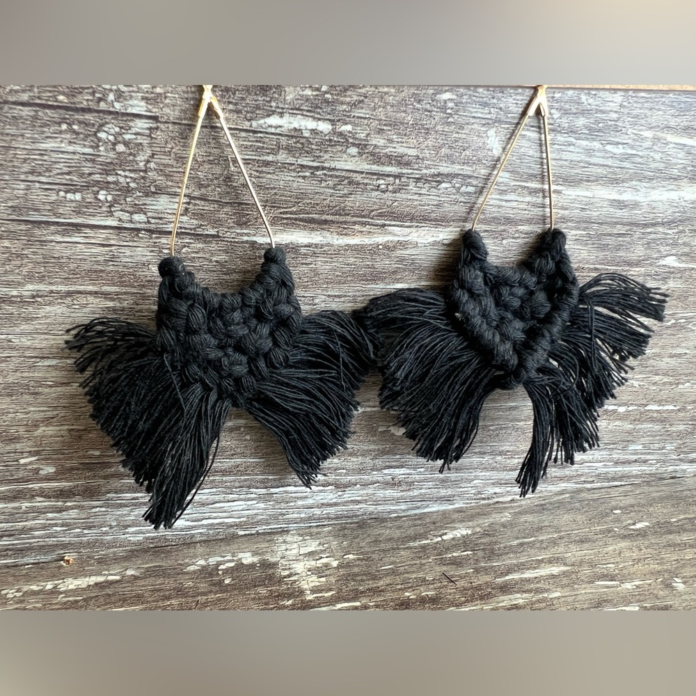 Handmade Black Macrame Earrings‎ Fringe Boho Crochet Teardrop Dangle Lightweight